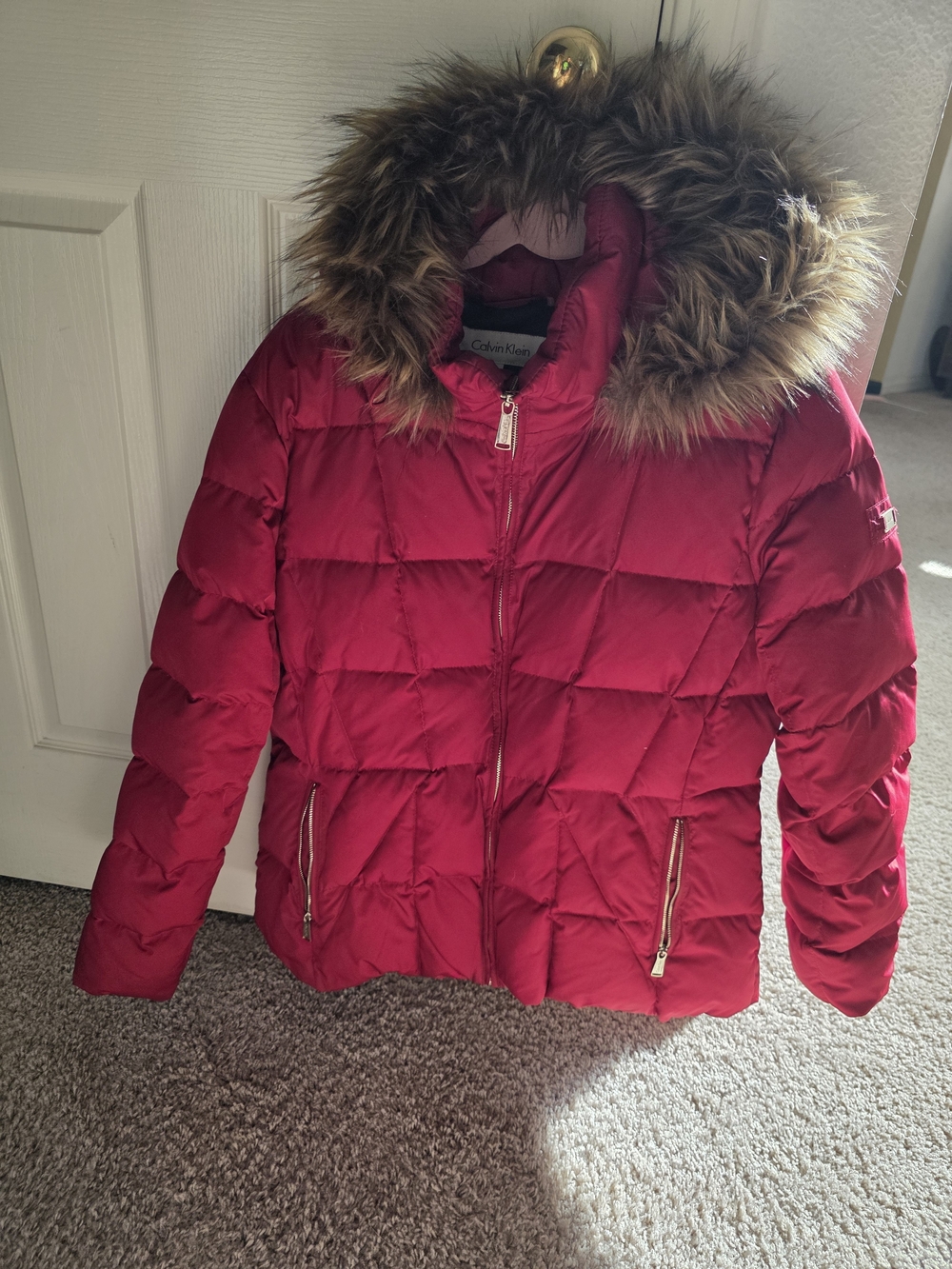 Calvin Klein Women's Red Quilted Puffer Jacket with Faux Fur Hood
